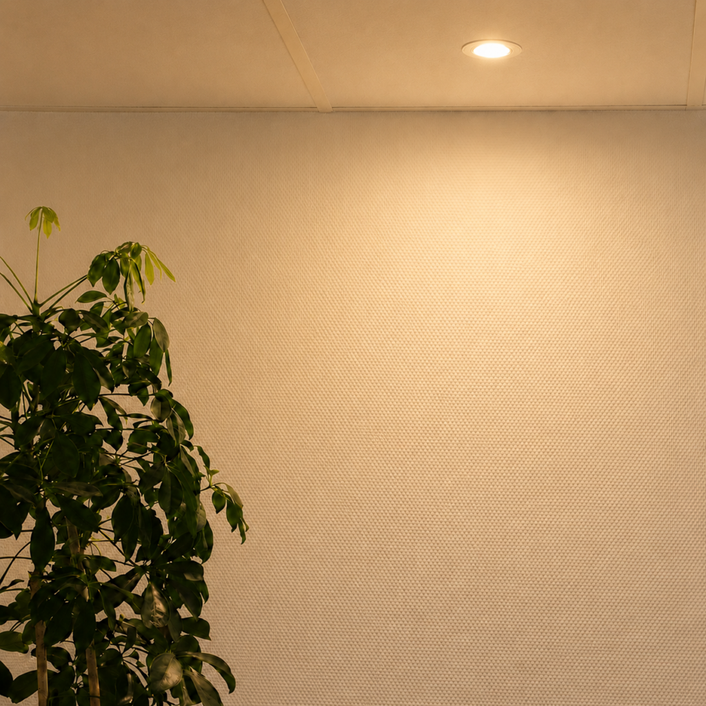 Porto inbouwspot in een plafond boven een presentatiewand