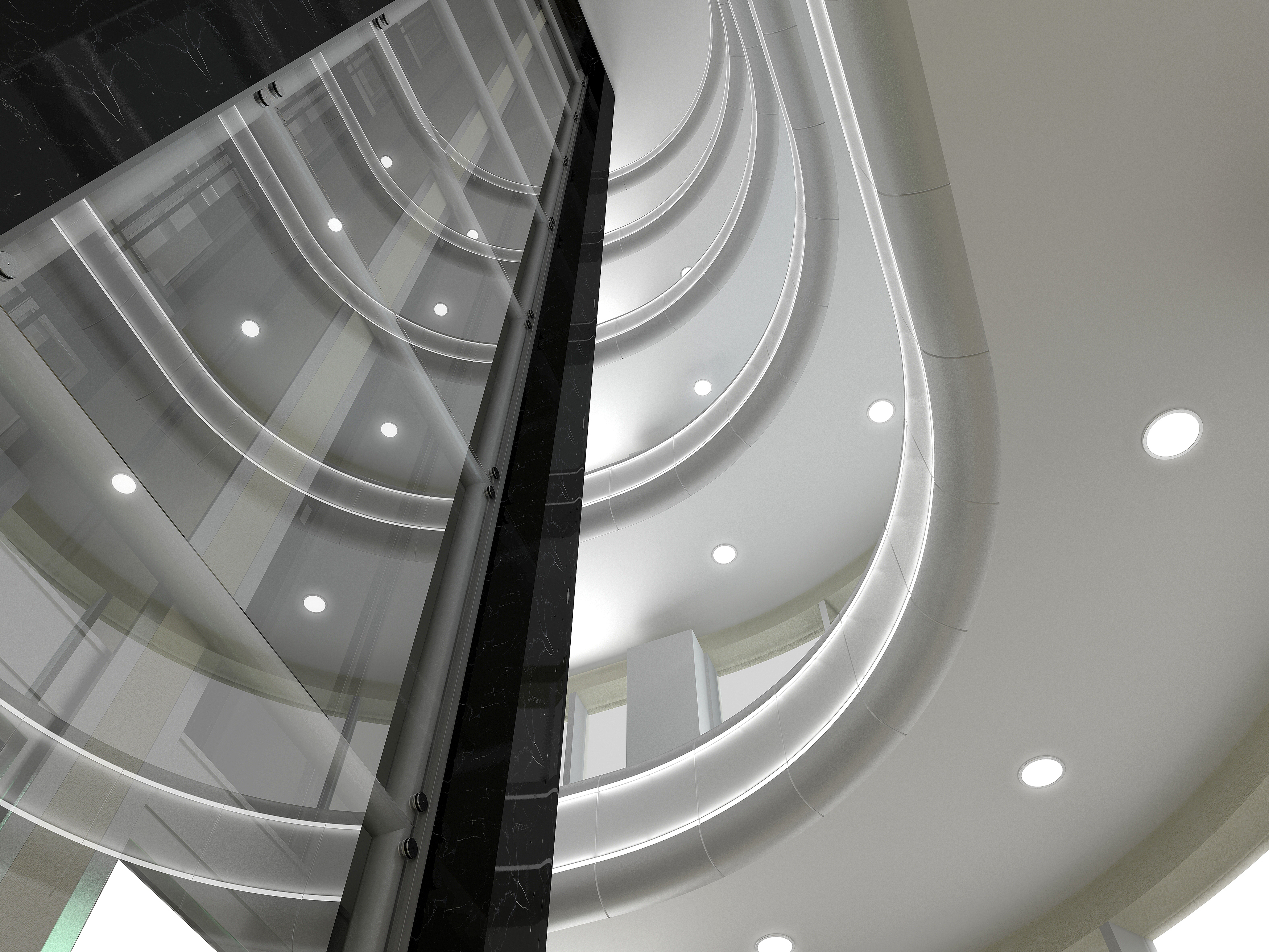 Downlights in het gebogen plafond van een ontvangstruimte
