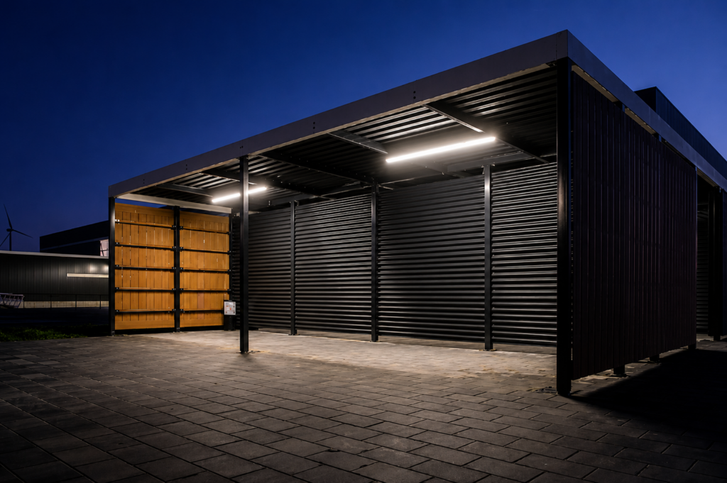Verlichte overkapping op een buitenterrein in de avond