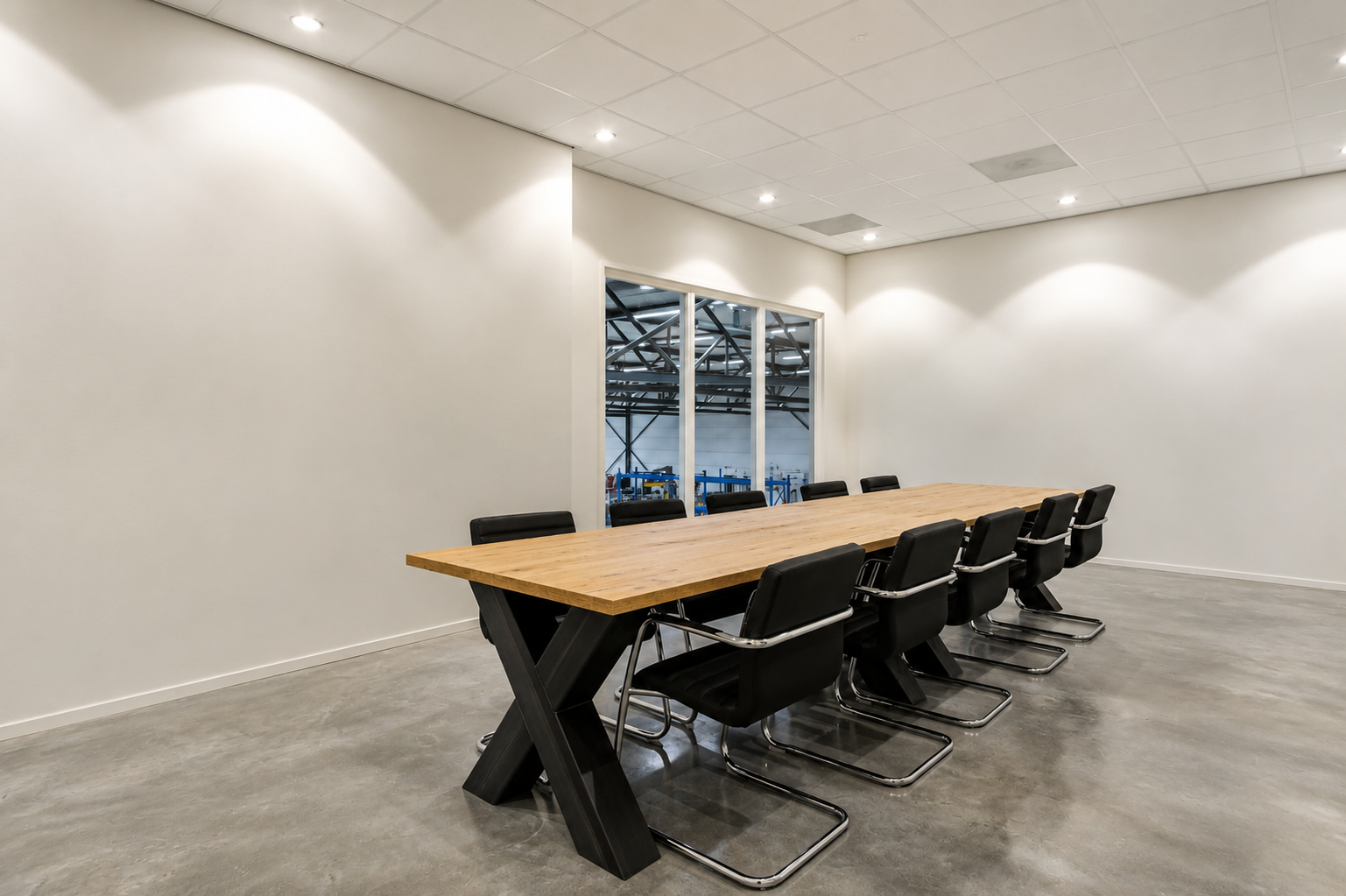 Vergaderruimte met een lange tafel, verlicht door inbouwspots