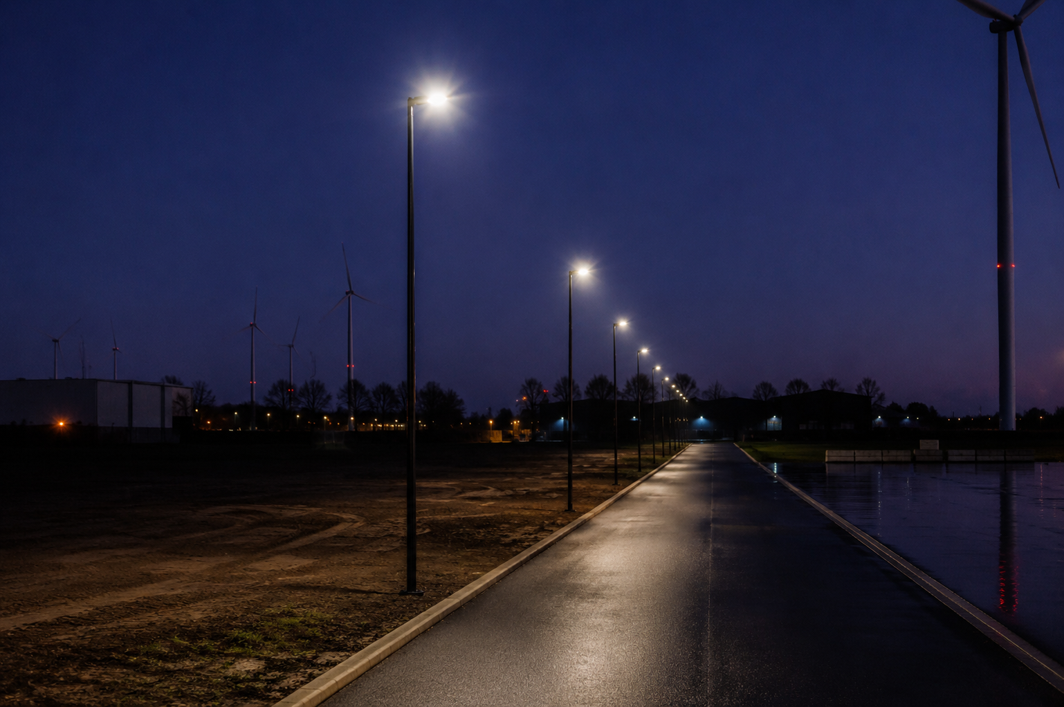Verlichte weg met lichtmasten langs een recreatieterrein in de avond