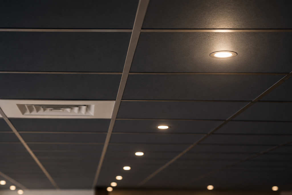 Inbouwspots in een systeemplafond van een kantoorgang