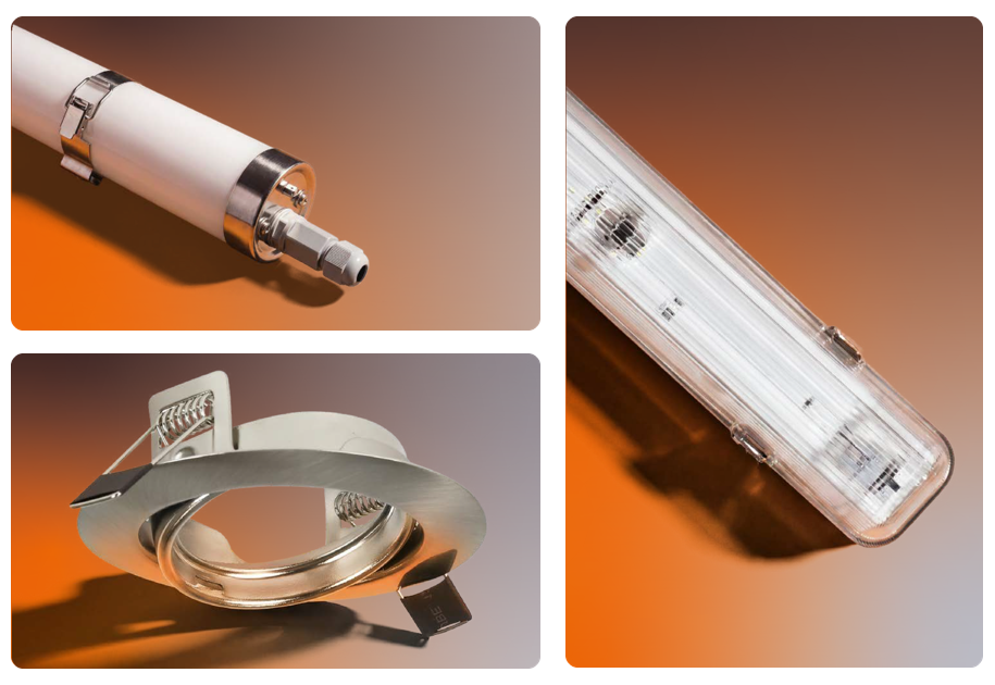 Drie AduroLight armaturen: een buisarmatuur, een inbouwring en een vochtbestendig T8-armatuur