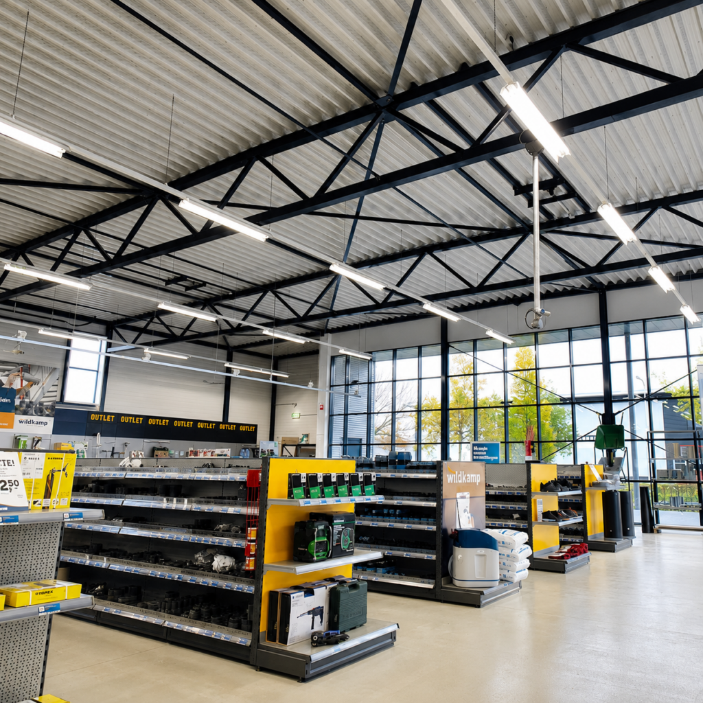 Winkelinterieur met schappen, verlicht door lange led-buisarmaturen