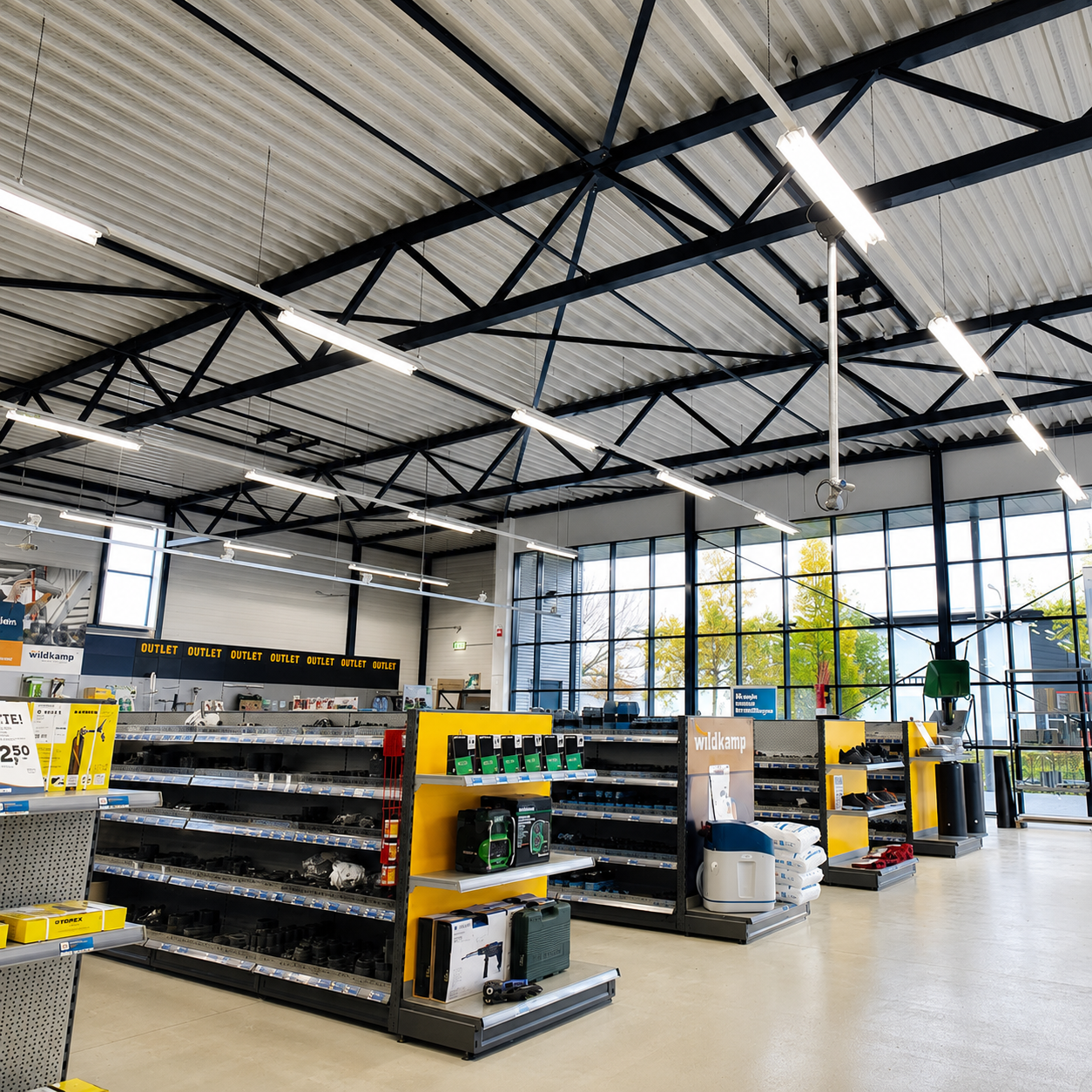 Winkelinterieur met schappen, verlicht door lange led-buisarmaturen